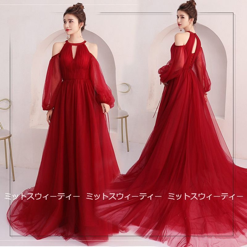 ウェディングカラードレス 赤 安い 演奏会 カラードレス コンサート 長袖 発表会 ロングドレス 披