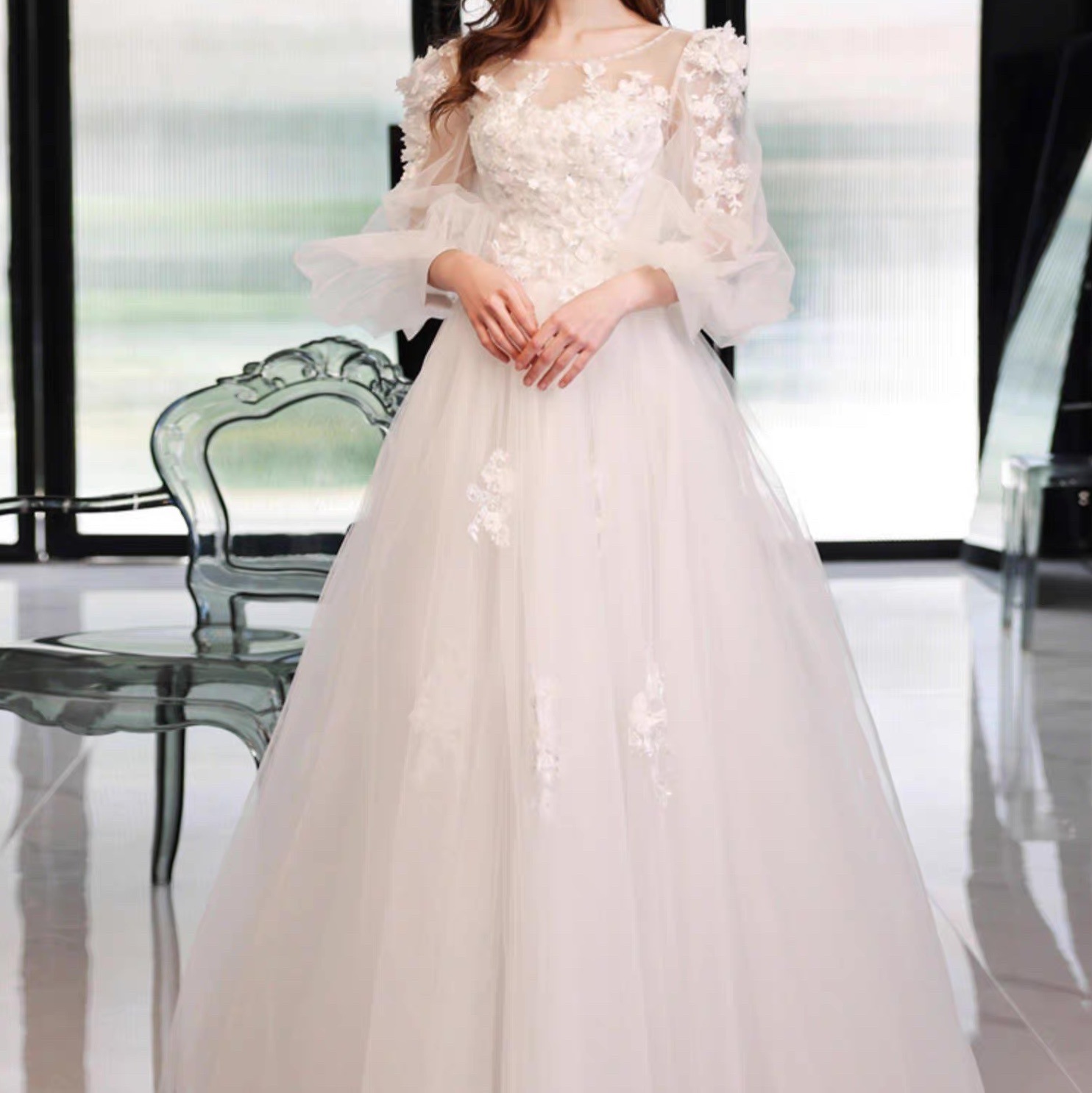 ドレス ワンピース ウェディング パーティー 結婚式 披露宴 マキシ 長袖 バルーンスリーブ Uネック ラウンドネック Aライン ウエストマーク ハイウエスト 透け感 シースルー 上品 おしゃれ