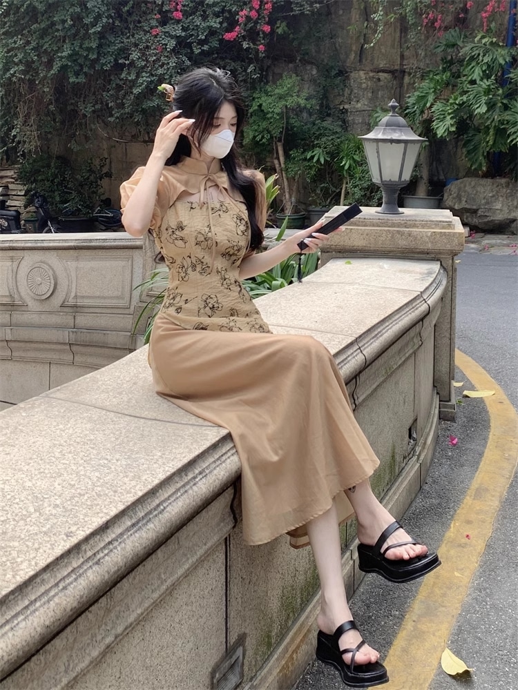 女性 チャイナ ドレス 夏 ハイエンド ロング スカート 個性的 ワンピース ロング ロング丈 袖あり 半袖 ボリューム袖 襟なし かわいい 大人可愛い 大人 上品 おしゃれ お洒落 柄 春 夏 秋