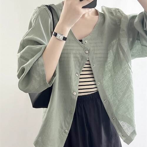 アウター レディース ノーカラージャケット ブルゾン カーディガン スナップボタン シアー 透け感 長袖 薄手 ラウンドネック 襟なし 大人可愛い カジュアル シンプル ナチュラル おしゃれ お洒落