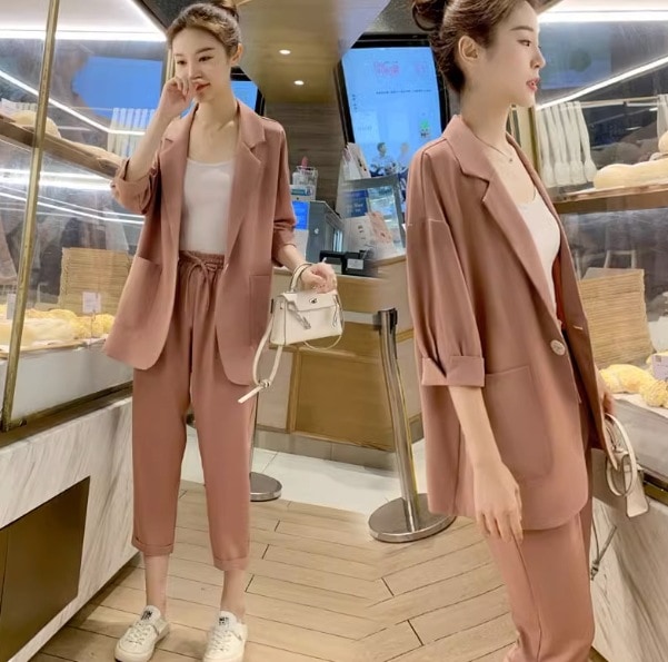 セット ジャケット スウェット クロップドパンツ 袖あり 7分袖 襟付き ノッチドラペル デザイン ウエストゴム 美ライン ニュアンス ドローコード 2点セット ツーピース お得 2点セット カラバリ