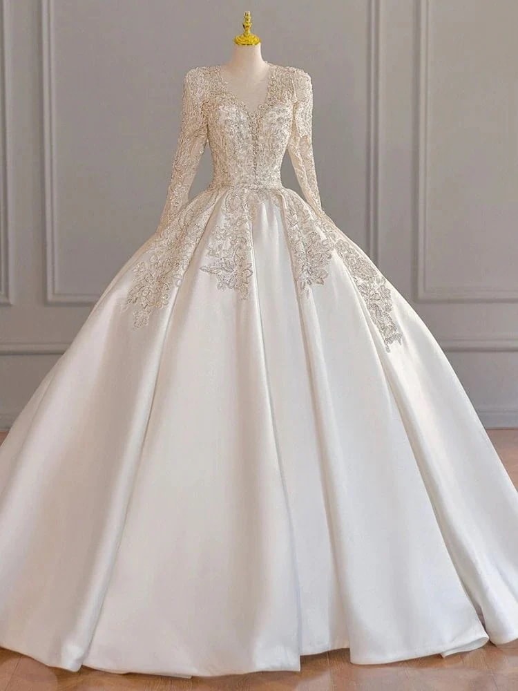 2025夏長袖サテンウェディングドレスブライダルメイン糸小さな重工業ハイエンドテクスチャラージテール