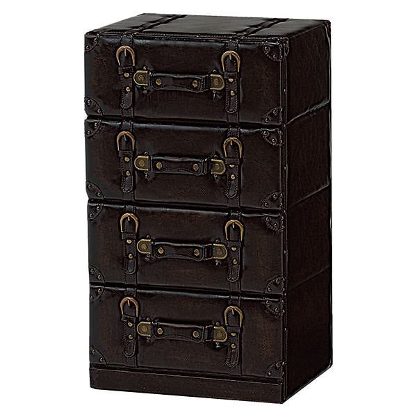 トランク型チェスト/リビング収納 4段 幅41cm 合成皮革/合皮使用 チェスターシリーズ ダークブラウン 完成品