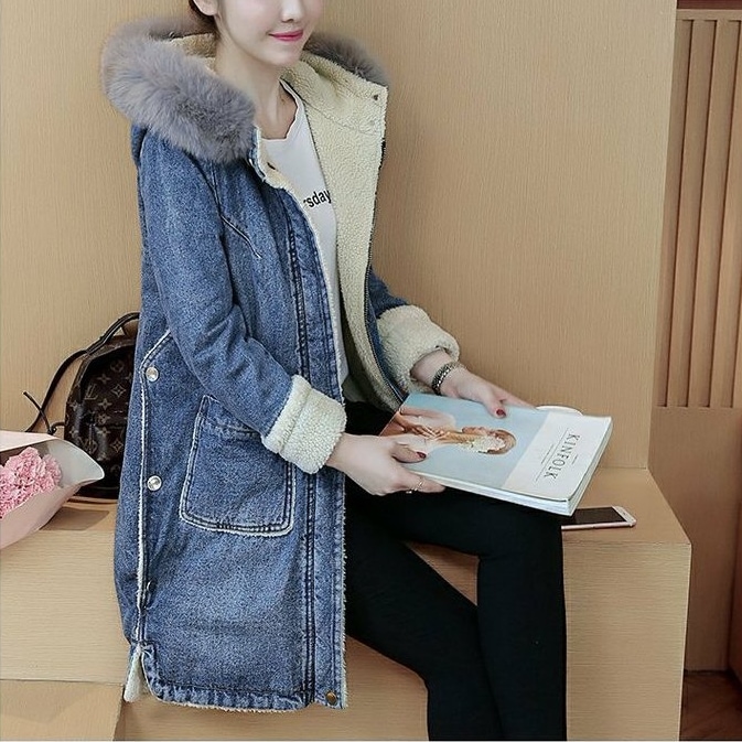 新作 コート デニムコート フード付き ラム レディース 冬 裏起毛 厚い 韓国 ゆったり ジッパー ポケット ファー ボタン バックロング もこもこ 暖かい 羽織物 長袖 ストレートタイプ