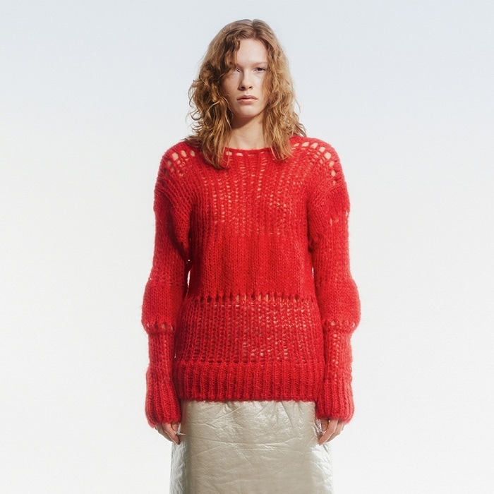 【OPEN Yy】 IRREGULAR NETTED SWEATER : RED