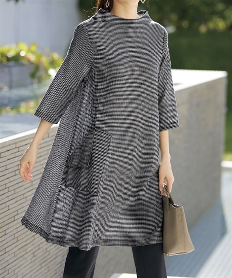 ミニひざ丈/半袖 シニアファッション ギンガムサッカーワンピース