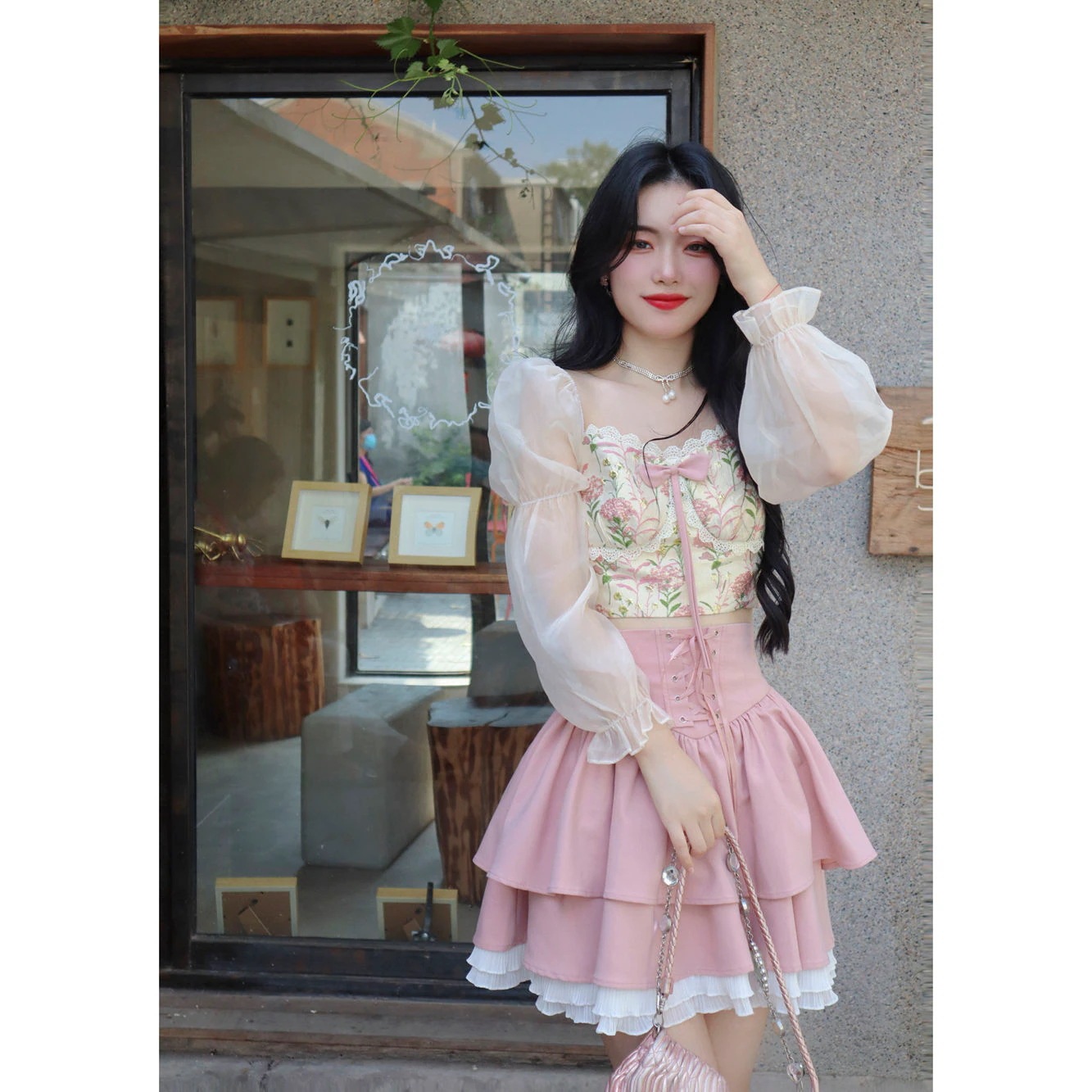 便利！2wayワンピース韓国大人気 襟長袖パッチワークシフォンショート丈トップスピンクリボンケーキスカートスーツ女 韓国 ワンピース30%までに制限