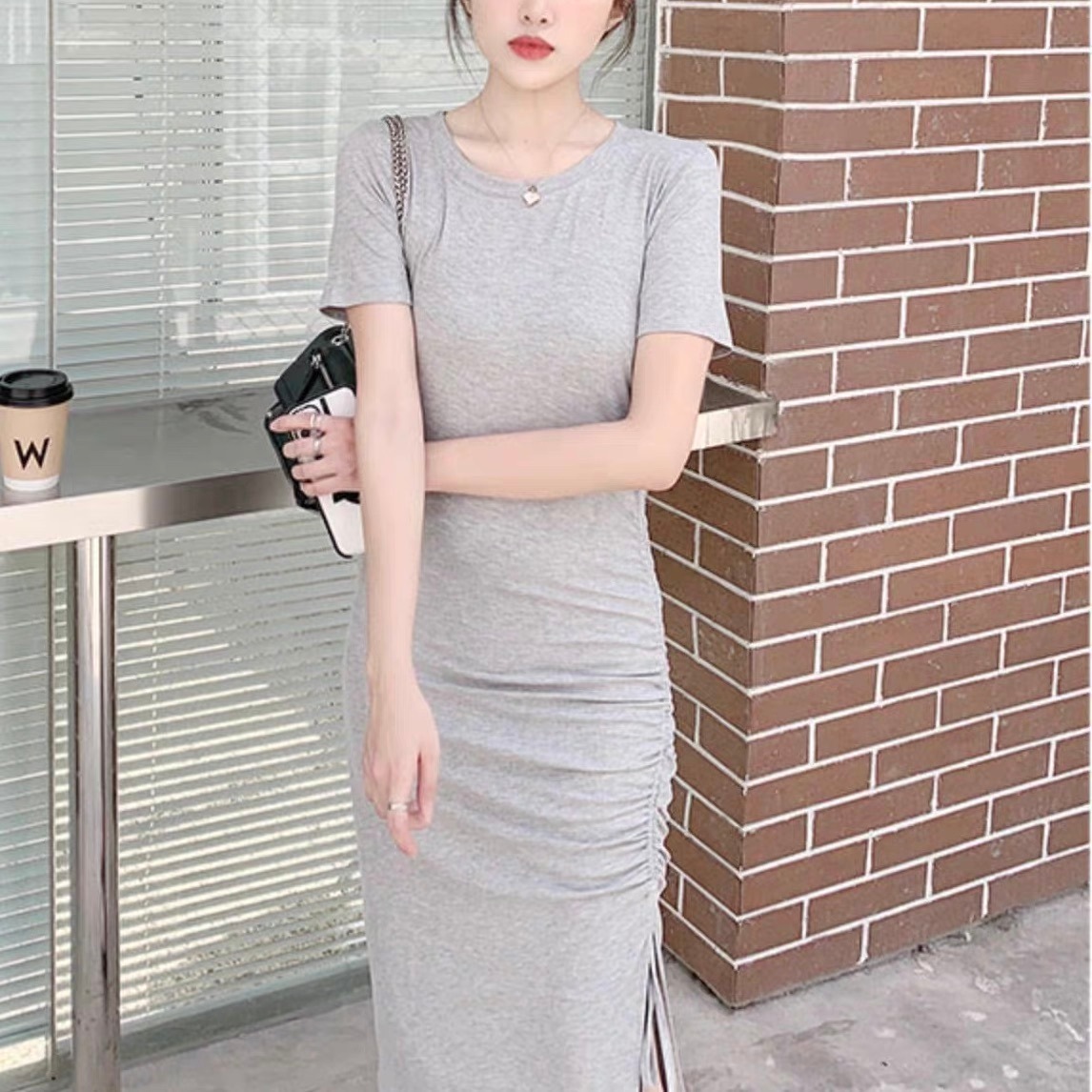 レディース ワンピース Tシャツ ミモレ 半袖 タイト スリム 細身 スマート フェミニン ストリート スリット サイドスリット ハイウエスト ドロスト かわいい 大人可愛い きれいめ シンプル