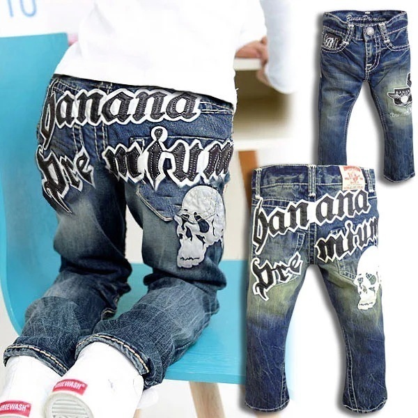 【即納】立体裁断プレミアムスカルレザー刺繍 キッズ デニム パンツ ボトムス ダメージ ジーンス ジュニア 男の子 女の子 男女兼用 幼稚園 小学生 子供 服 おしゃれ かっこいい 可愛い 流行 子供