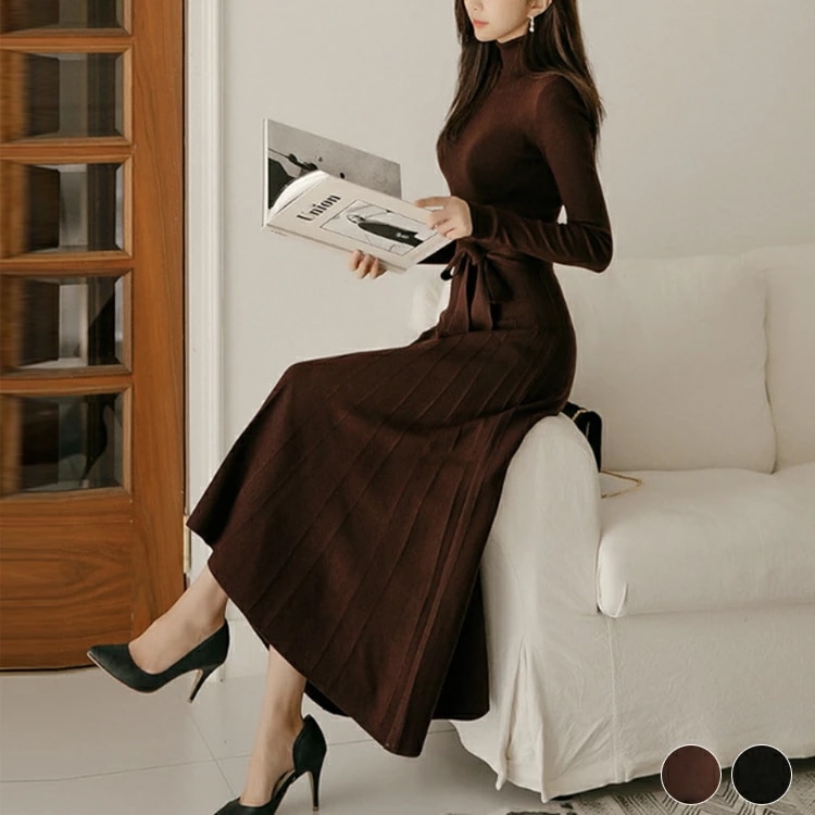 ニットワンピース レディース ワンピース ニット ロング ミモレ丈 ハイネック フィット ウエストマーク エレガント きれいめ フレア 秋冬 秋 冬