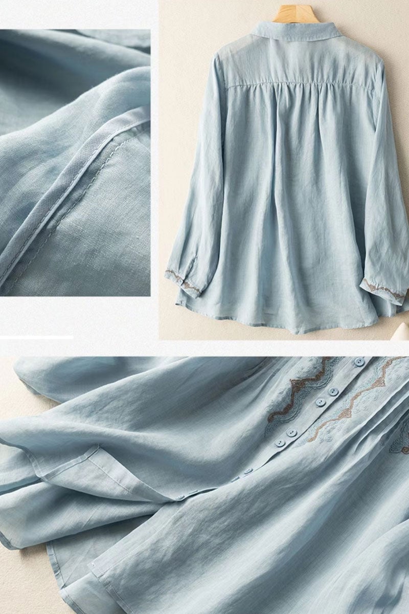 長袖シャツ 前開き シャツ シャツブラウス 花柄 大きいサイズ 刺繍シャツ ブラウス トップス 長袖 羽織り オシャ 開襟 長袖トップス 綿麻風 刺繍 シャーリング ギャザー レディース ゆったり