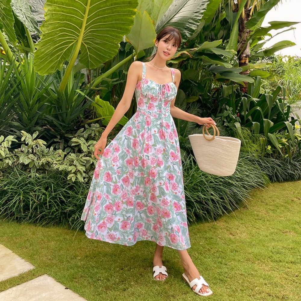 (Vivarup) ラビアンフラワービーチドレス OP20139F サマーストラップオフショルダーリボンシャーリングフレアリゾートバケーションビーチドレス