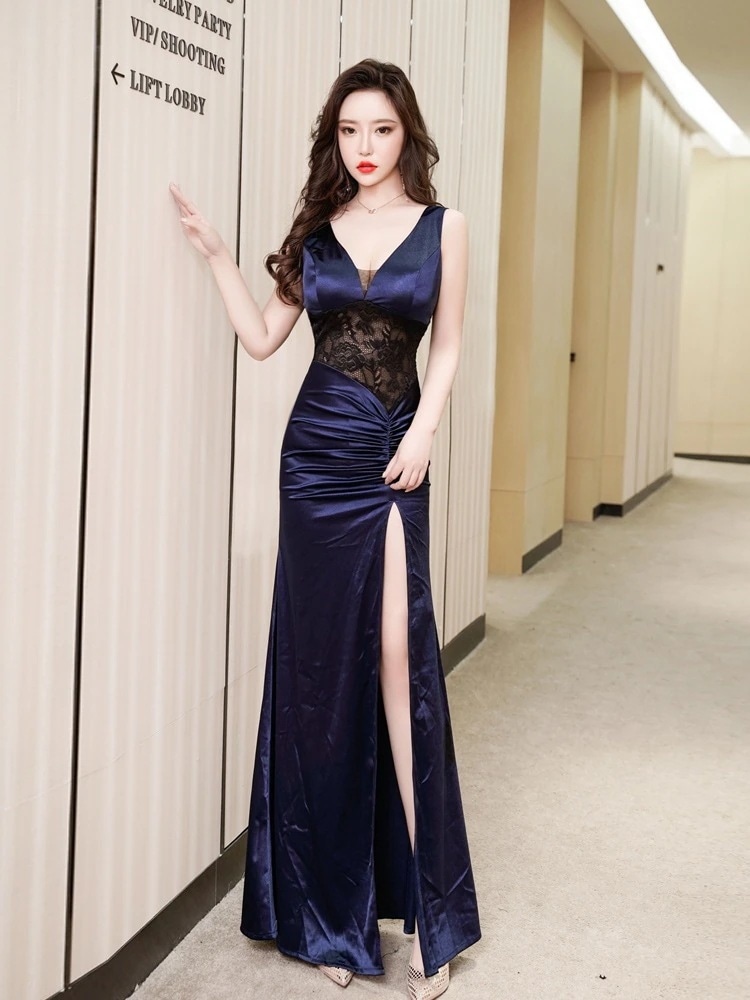 2025気質vネックレーススプライシング宴会イブニングドレスホテルv広報エスコートドレスロングスカート作業服