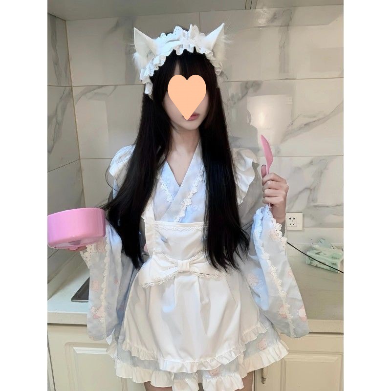 甘くて可愛い女の子フレッシュロリータプリントメイド服フリルリボンエプロンスーツ夏
