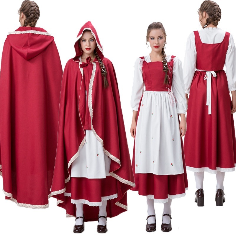 ハロウィンコスチュームクリスマスの赤い赤ずきんちゃんのプリンセスドレス（ケープ付き）大人用コスプレメイド服パフォーマンスコスチューム