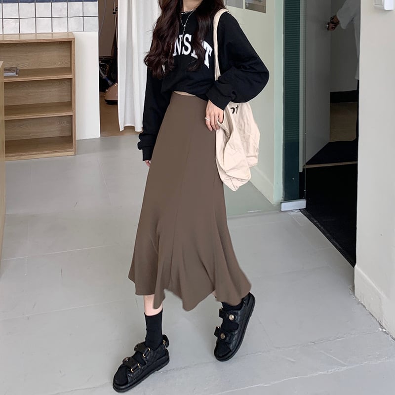 スカート ボトムス ミモレ丈 フレア マーメイドスカート 薄手 ウエストゴム ボリューム モード ハイウエスト ワイド ゆったり ストレッチ 韓国 かわいい 可愛い リラックス きれいめ lbot00