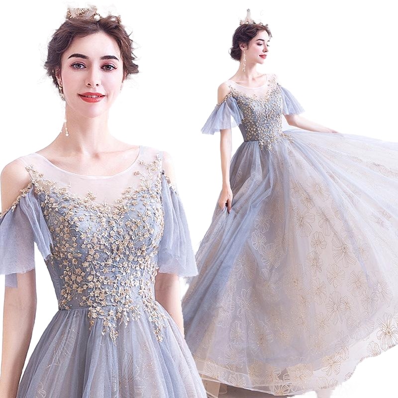 ロングドレス スパンコール 袖あり お姫様ドレス ステージ衣装 プリンセス 成人式 花嫁 忘年会 結婚式 ピアノ パーディードレス 2022新作 Aライン カラードレス003-780