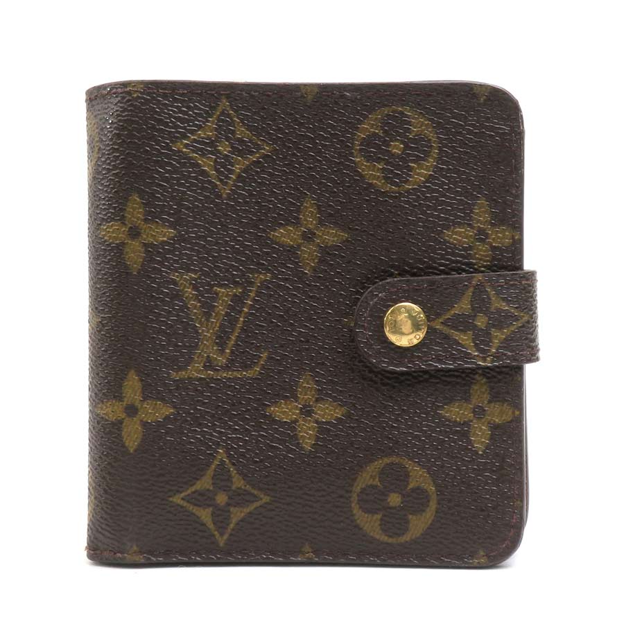 ルイ ヴィトン LOUIS VUITTON 二つ折り財布 モノグラム コンパクトジップ モノグラムキャンバス ブラウン ゴールド レディース e60163a