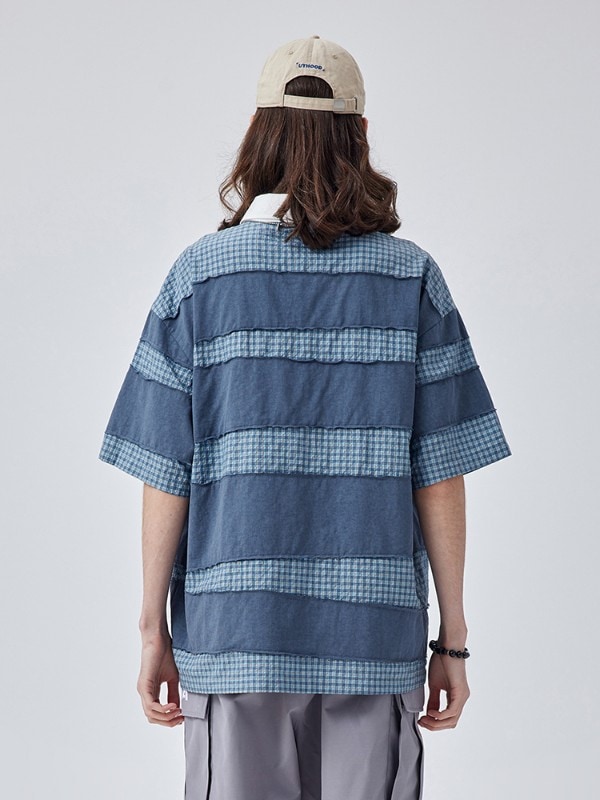 トレンディなフォグブルーのチェック柄半袖ポロシャツ メンズ 不規則な縫い目 レトロ ヘビー刺繍 Tシャツ ゆったり