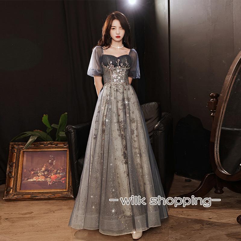 ドレス カクテルドレス ロングドレス パーティードレス 発表会 演奏会 ステージ 袖付き イブニングドレス グレー ー ラメ キラキラ 上品