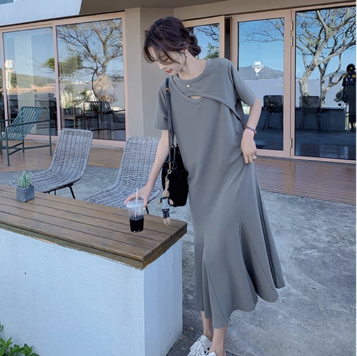 レディース ワンピース シャツワンピース フレアワンピース ロジスワンピ 個性的 春服 夏服 ロング アンクル 袖あり 五分袖 二の腕カバー クルーネック 丸首 Uネック ラウンドネック フ