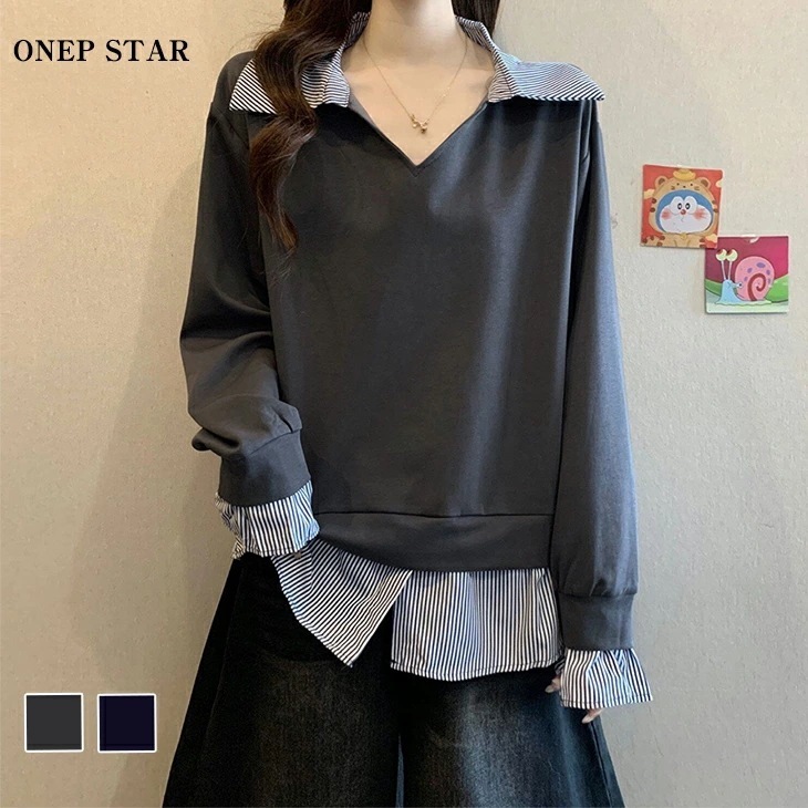 【挑戦最安値あり】レイヤード風ニット×シャツ レディース トップス ニット シャツ レイヤード 長袖 Vネック ストライプ柄 大人カジュアル 秋 冬 春 20代 30代 40代 50代 ワンピスター