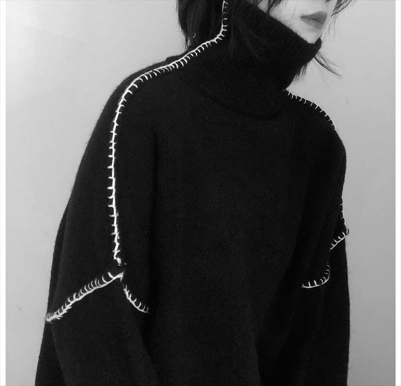 トップス レディース セーター ニット 個性的 ロング丈 袖あり ドロップショルダー 長袖 タートルネック 刺繍 ステッチ 黒 オーバーサイズ 体型カバー シンプル カジュアル おしゃれ かっこいい