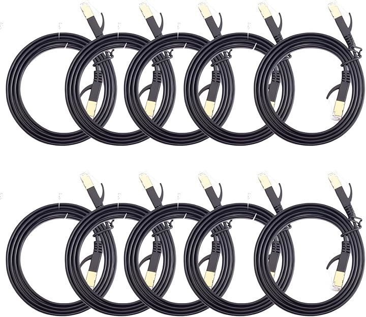 互換品LANケーブル10本 セット CAT7 フラット 爪折れ防止 平形 すっきり収納 カテゴリー7 イーサネットケーブル きしめん(ブラック, 5m)