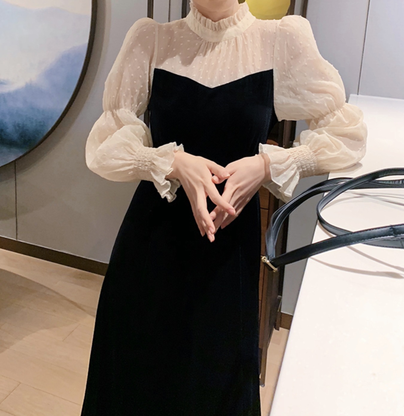 ワンピース レディース ミモレ ミモレ丈 S M L XL 韓国 長袖 パフスリーブ スタンドカラー フレア Aライン 切り替えデザイン ドッキング レース 透け感 シースルー かわいい 大人可愛い