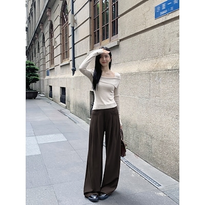 MULVAN復古の高い腰のスラックスのズボンの女性春秋ゆったりして見えるのはやせています垂れ下がって感の筒の広脚のズボンのモップの長いズボン