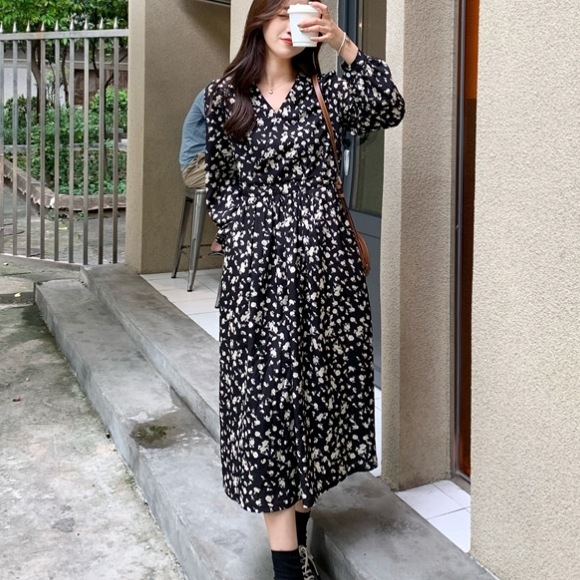 ワンピース ロングワンピース 長袖 Vネック ハイウエスト ポケット シフォン 可愛い かわいい 大人可愛い きれいめ シンプル 上品 おしゃれ かっこいい カジュアル こなれ感 個性的 主役級