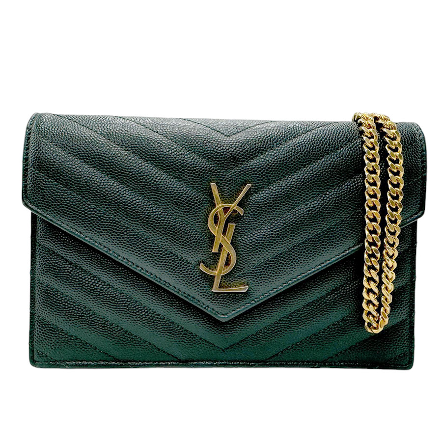 サンローラン SAINT LAURENT ウォレットチェーン 斜め掛けショルダーバッグ レザー ダークグリーン ゴールド レディース z2741