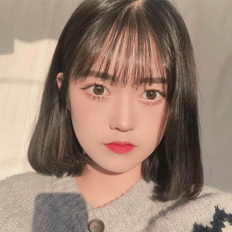 ウィッグ女性ショートヘアボボ丸顔ボボヘッド韓国ナチュラルリアルフェイスリペアブラックフルヘッドギア