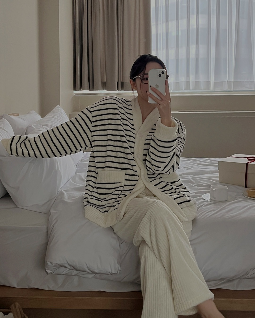 ストライプ柄カーディガン&パンツパジャマset韓国ファッション レディース