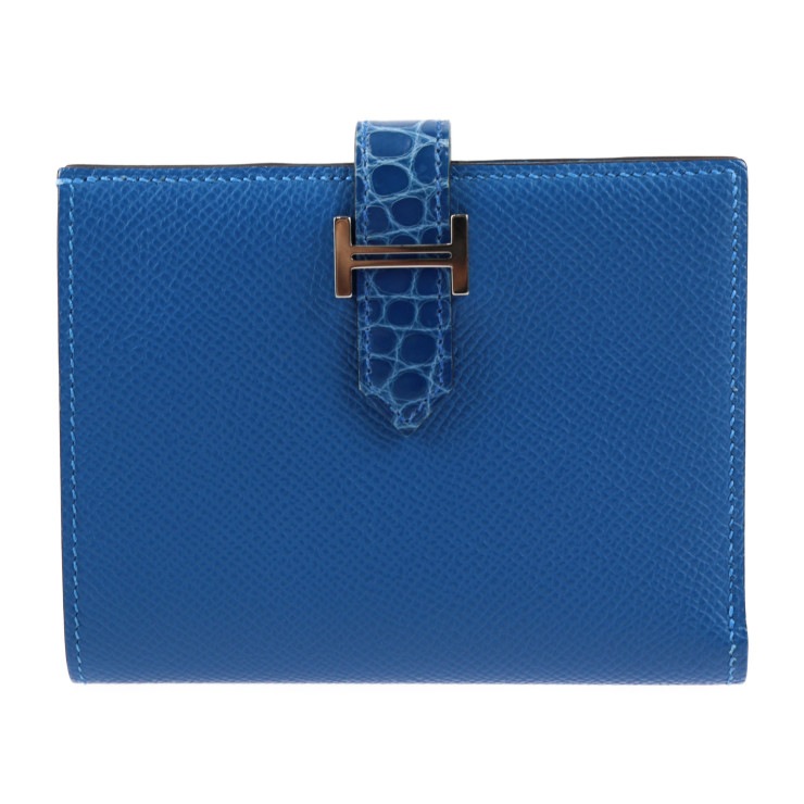 超美品 HERMES エルメス 二つ折り財布 - ベアン コンパクト タッチ ヴォーエプソン アリゲーター ミコノス ブルーゼリージュ シルバー金具 Z刻印 クロコダイル 本物保証 中古