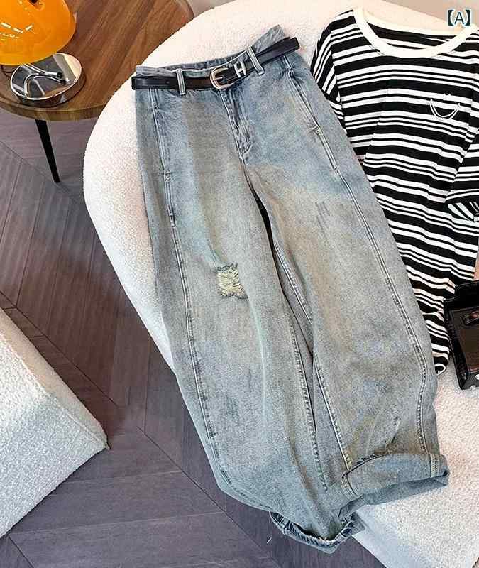 デニムパンツ レディース ダメージ ジーンズ クラッシュ ボトムス ウォッシュド ワイド ハイウエスト ストレート 夏 ブルー