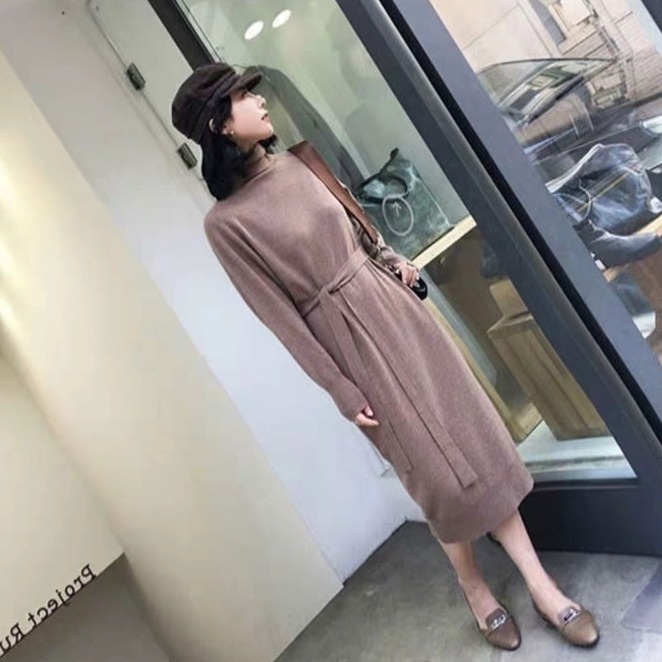 ワンピース 膝丈 ひざ丈 膝下 ミモレ ミモレ丈 ロング ロング丈 袖あり 長袖 タートルネック タイト 細身 ストレート Iライン ウエストマーク ウエストリボン 伸縮性 ニット 大人可愛い