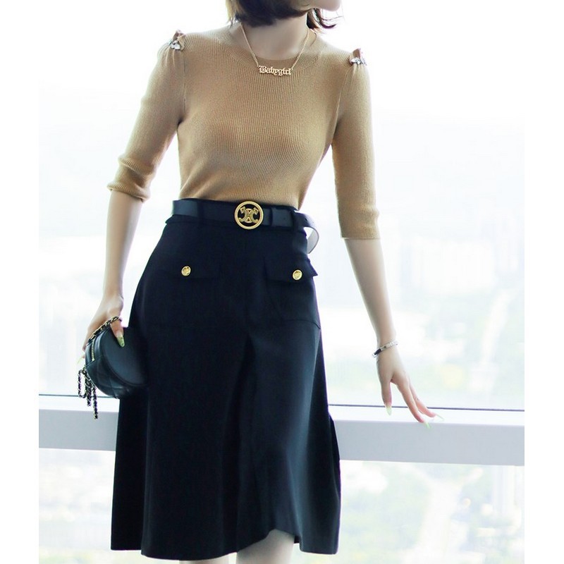 ハイウエスト A ラインベルト付きスカート 全2色【bt0086】