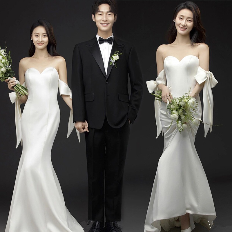 新しいシンプルな白いウェディングドレスヴィンテージロングガウン