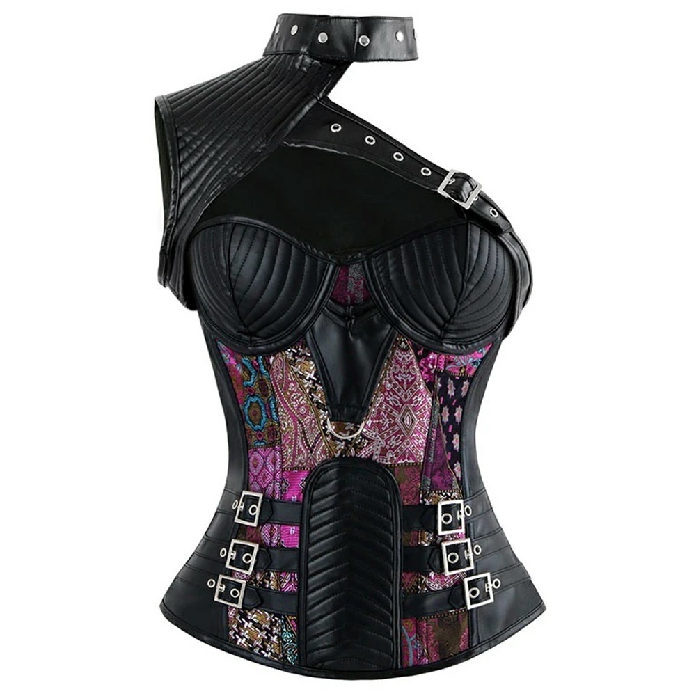 刺繍ショルダーガード付きブラックレザースーツ コルセット S M L XL 黒色 皮 革 ボディースーツ コスプレ 衣装 補正下着 コスチューム SM嬢風 大人 ハロウィン nt600xxxxxxxx