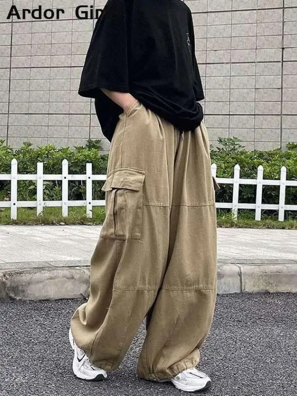 納期約21日から30日:Y2kカーゴパンツ女性用ワイドレッグバギーパンツ,ラージポケット,ワイドレッグ,ヒップホップスタイル