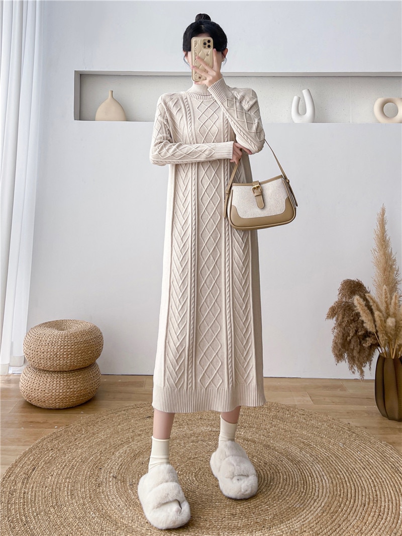 ハイネックニットワンピース秋冬ゆったり膝丈ミディアム丈インナースカート女性ボトムスジャンパースカート