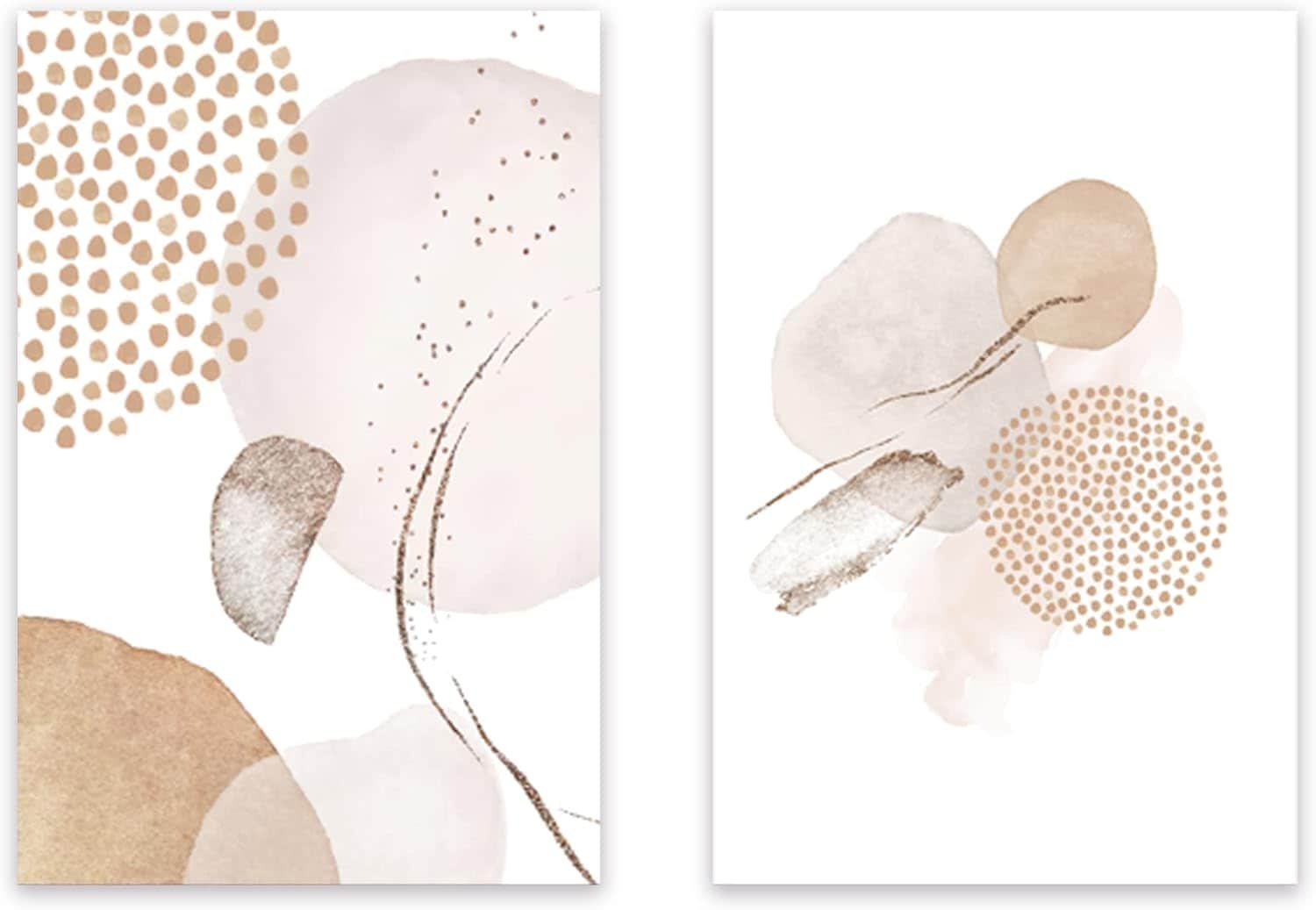 木枠付きベージュの抽象植物絵画 2枚組 (30x40cm)
