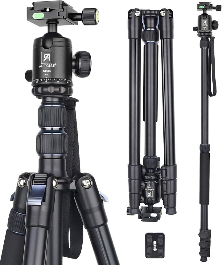 コンパクトアルミ 三脚 全伸高 209.8cm トラベル 一脚伸縮可変式 レバーロック Tripod 高級ボール雲台とクイックシュー付き 軽量 合金 ビデオ カメラ 運動会( ブラック)