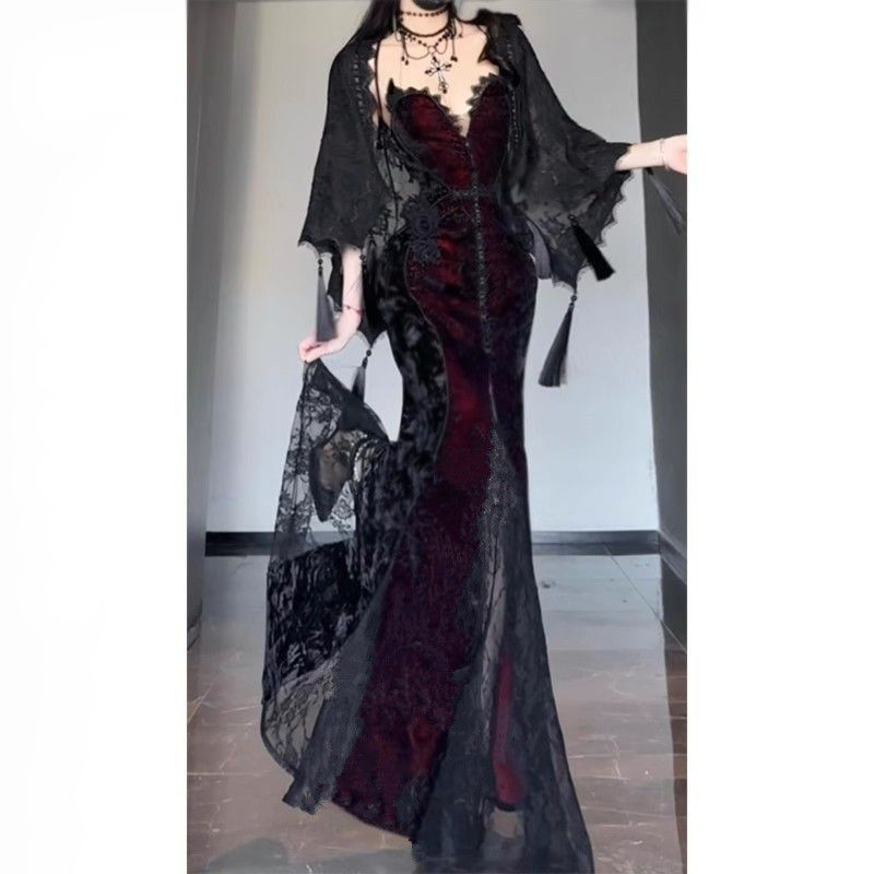 パーティードレス ダークカラーのショールカーディガンストラップストラップレスドレスセット