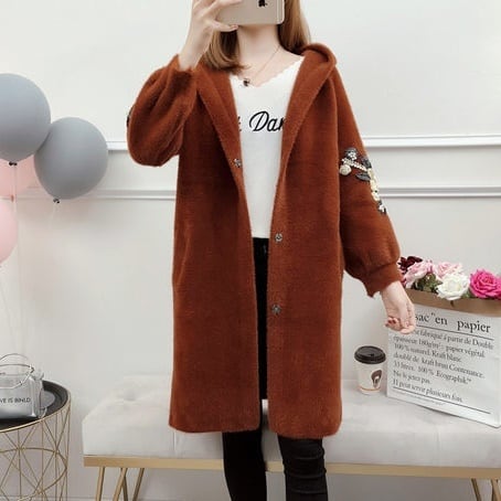 コート レディース ジャケット ノーカラーフード付き 起毛 花柄 刺繍 スパンコール 薄手 アウター ボア ミディアム丈 オーバーサイズ 軽い 軽量 冬服 厚手 アウター