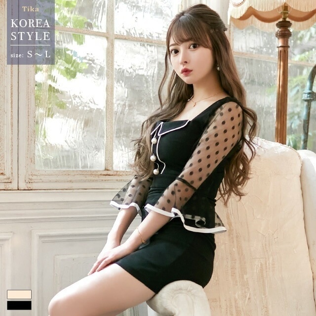 韓国 大人 キャバドレス ミニ タイト 袖 ミニドレス ワンピース ドット柄 水玉 シースルー ベルスリーブ タイト ピンク ブラック 黒 L 大きいサイズ キャバ ドレス キャバクラ 膝丈 セクシー