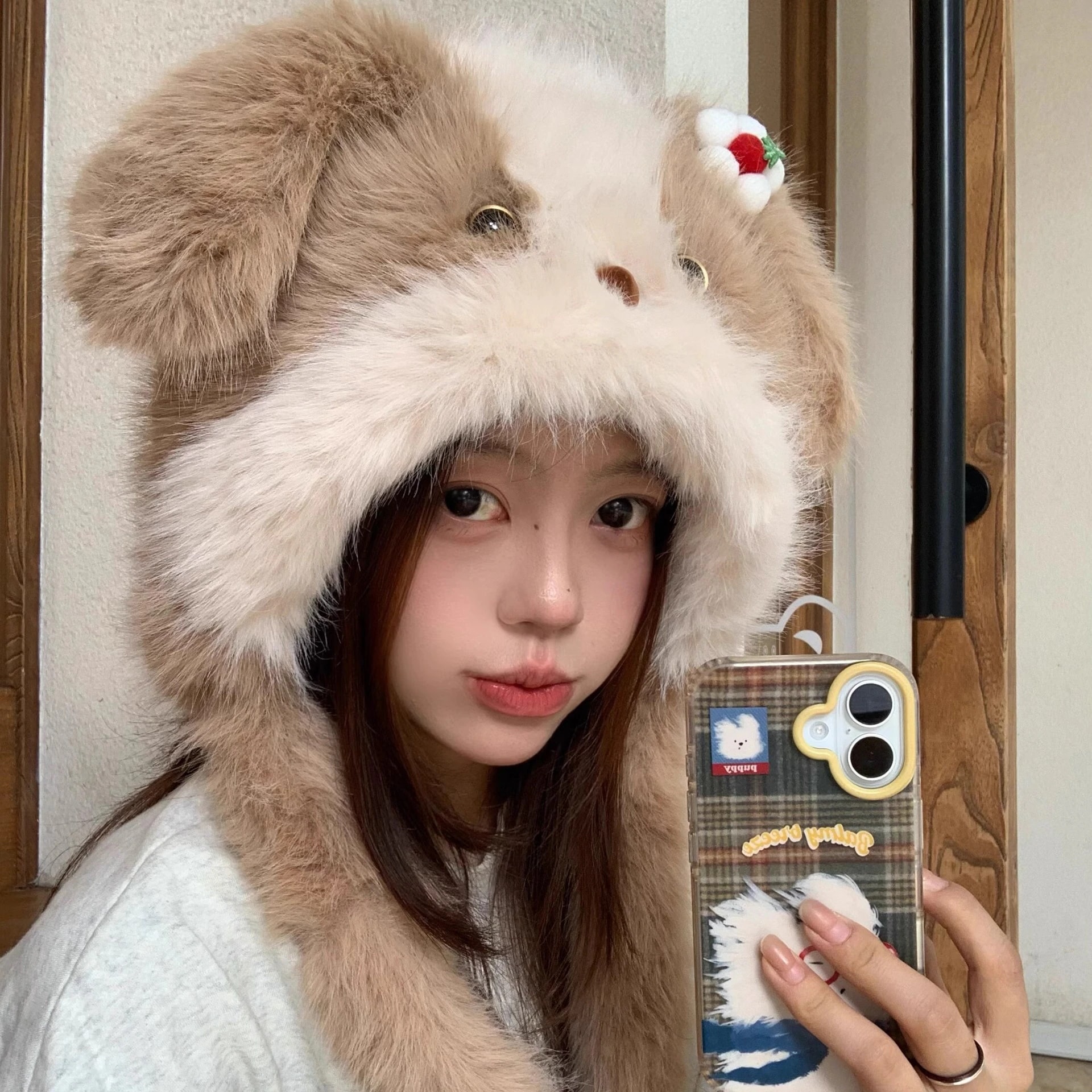 10個セット チェリーの子犬のモコモコ帽子秋冬加絨厚手保温防風耳保護帽子マフラー一体