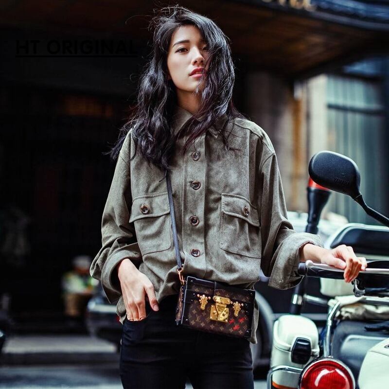 シャツ スエード風 ポケット かわいい l 学生 着回し 大人 レトロ エキゾチック 個性的 モダン 長袖 大人可愛い 20代 通学 普段使い 上品 大人可愛い クール 主役級 羽織り きれいめ