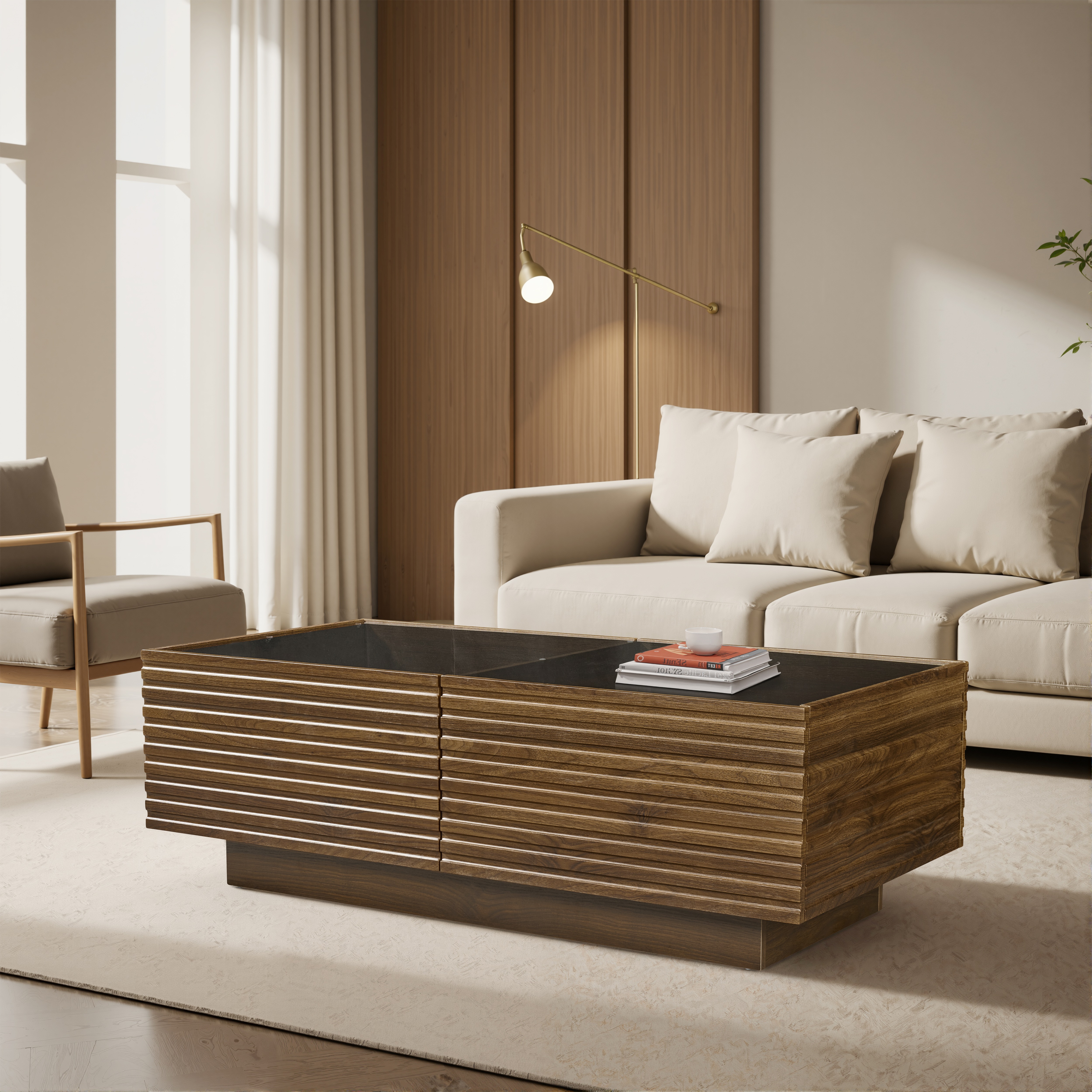 【国内発送 無-送料】1085【新作】テーブル ローテーブル センターテーブル 収納 ガラス リビングテーブル 横長 ウォールナット リビング収納 インテリア シンプル モダン ブラックガラス 木目